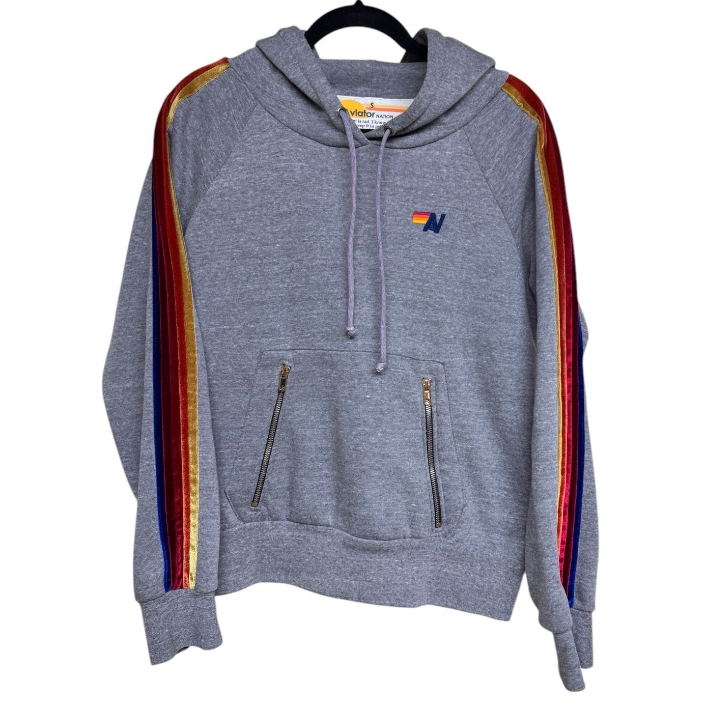 Aviator Nation Velvet Striped Pullover Hoodie Gray Size Small